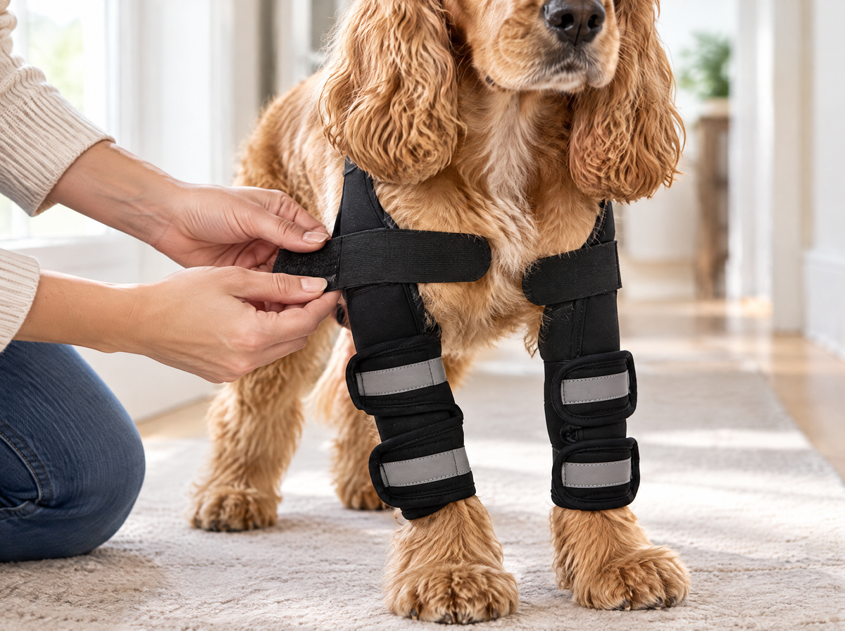 Owner fastening the adjustable straps of the Diloxa set on a Cocker Spaniel's front legs
