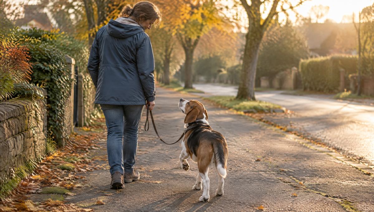Owner on a morning walk looking back at her Beagle, who has slowed down behind her