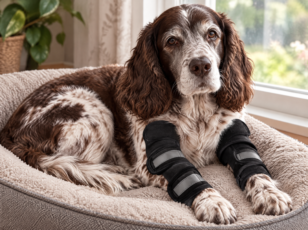 Senior Springer Spaniel resting on a dog bed wearing the Diloxa set on both front legs
