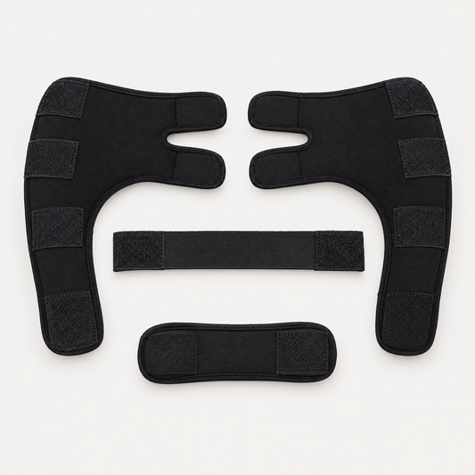 Diloxa front leg support set laid flat: two black padded neoprene leg sleeves with chest and back straps