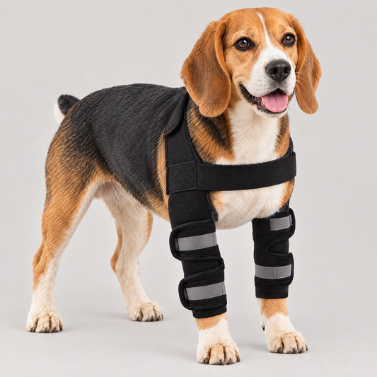 Beagle standing wearing the Diloxa support set on both front legs